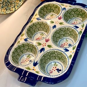 Temp-Tations by Tara Old World Green Muffin with Gorgeous Cobalt Blue Border